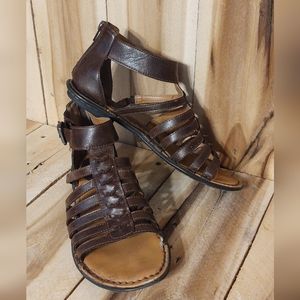 BOC BORN Women's 8 M Brown Leather Huarache Heel Zip Sandals ankle wrap flats